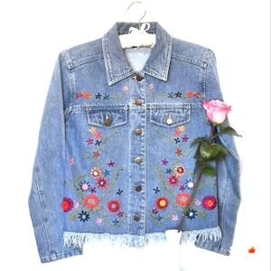 CAROLE LITTLE Denim Blue Jean Jacket, Embroidered, Fringe Hem